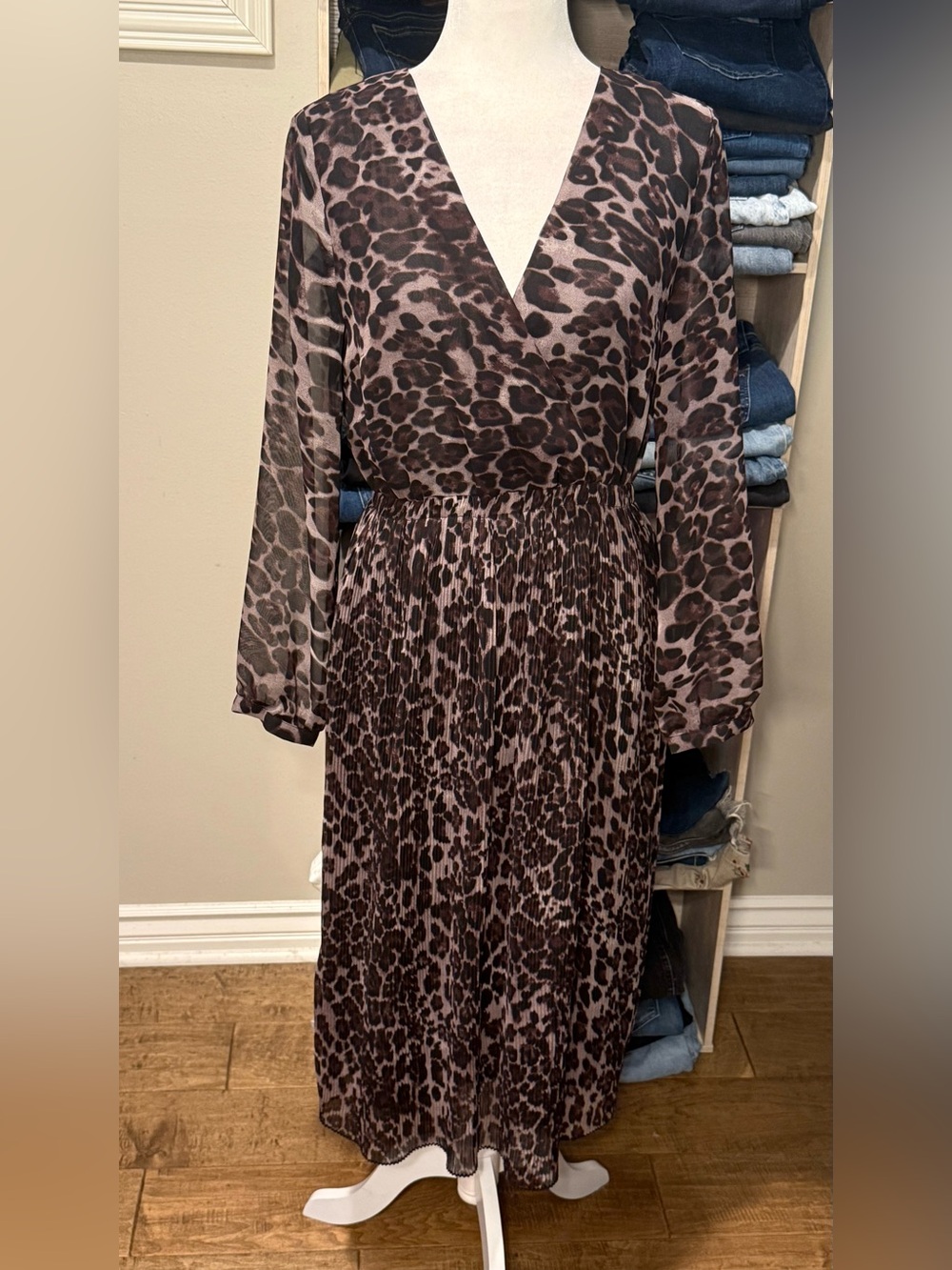 freebird Leopard-Print V-Neck Long Sleeve Maxi Dress - Brown & Black